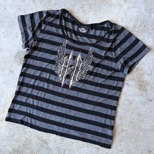 Harley Davidson Womens Striped Winged Logo Rhinestone Scoop Neck T-Shirt 1W